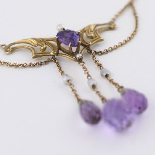 Antique Art Nouveau 10k Gold Amethyst Briolette Pearl Festoon Pendant Necklace 3