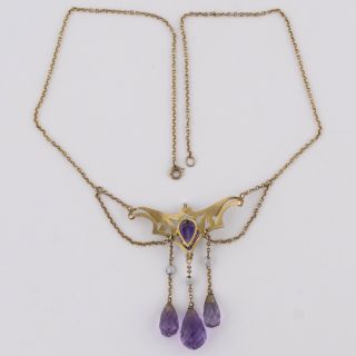 Antique Art Nouveau 10k Gold Amethyst Briolette Pearl Festoon Pendant Necklace 5