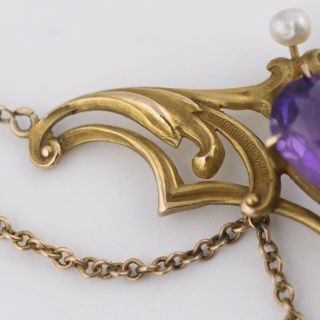 Antique Art Nouveau 10k Gold Amethyst Briolette Pearl Festoon Pendant Necklace 9