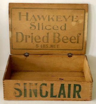 Antique Sinclair Hawkeye Sliced Dried Beef Wood Box Hinged Lid Advertising Pos