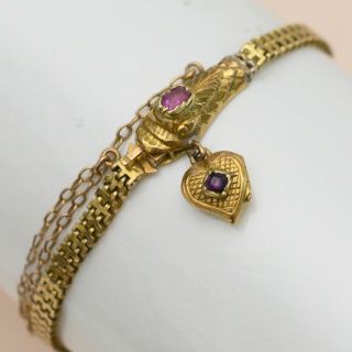 Antique Victorian 14k Gold Ruby Snake Heart Locket Charm Bracelet