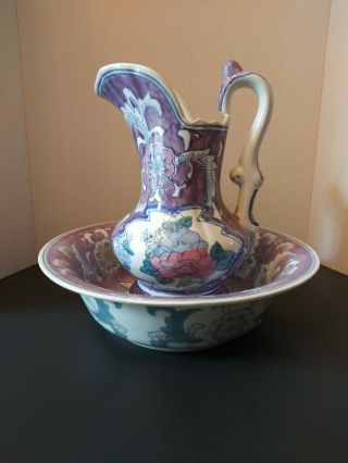 Vintage Water Pitcher And Wash Bowl Set Purple Mauve Floral Porcelain Set