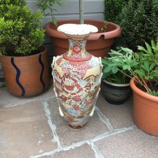 Large Satsuma Japanese Pottery Floor Vase Moriage Decoration Signed