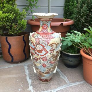 Large Satsuma Japanese Pottery Floor Vase Moriage Decoration Signed 2