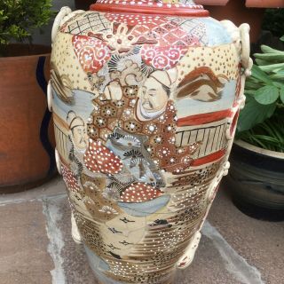 Large Satsuma Japanese Pottery Floor Vase Moriage Decoration Signed 4