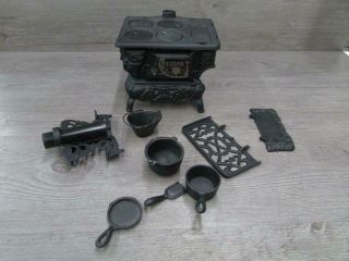 Crescent Cast Iron Vintage Black Doll House Stove W/ Pots Pans & Utensils