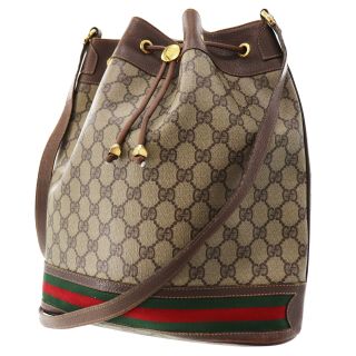 Gucci Gg Plus Web Stripe Shoulder Bag Brown Pvc Leather Vintage Auth Aa589 I