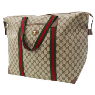 Gucci Gg Plus Web Stripe Travel Hand Bag Brown Pvc Leather Vintage Auth Bb394 I