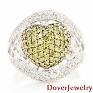 Estate Fancy Green Diamond 18k White Gold Cluster Heart Ring 7.  9 Grams Nr