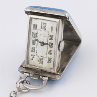 Vtg Art Deco Sterling Silver Guilloche Enamel Watch Chain Pendant Necklace 5