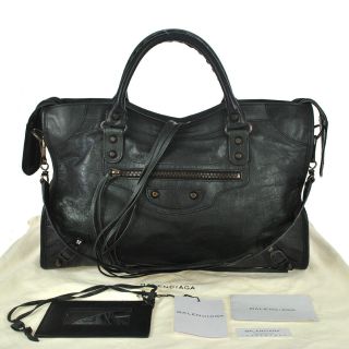 H15 Balenciaga Authentic The City 2way Hand Shoulder Bag Black Leather Vintage
