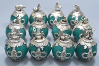 China Collectable Handwork Agate Armor Miao Silver Carve 12 Zodiac Ball Statue