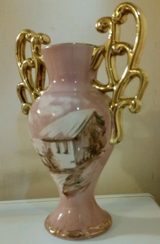 Tremez Portugal Pottery Large Mauve Vase W/ Gold Handle 