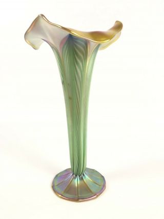 Quezal Pulled Feather Vase Antique Art Glass Gilt Signed 10 1/4 "