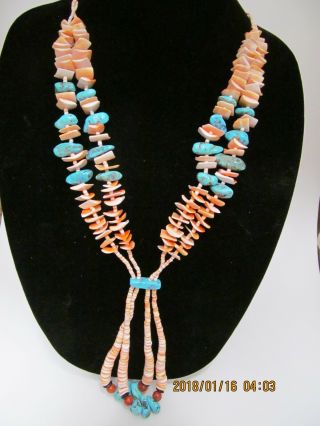 Vintage Native American Turquoise,  Spiny Oyster,  Shell,  Coral And Onyx Necklace