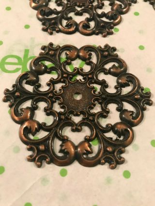 6 Ornate Vintage Copper Kitchen Cabinet Escutcheon Plates,  2 3/4 " Diameter,