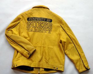 Guess 1981 Vintage Yellow Leather Spellout Varsity Jacket 80s Throwback Hip Hop