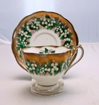 Queen Anne Lily Of The Valley Tea Cup & Saucer Set,  Dark Gold Border Rim