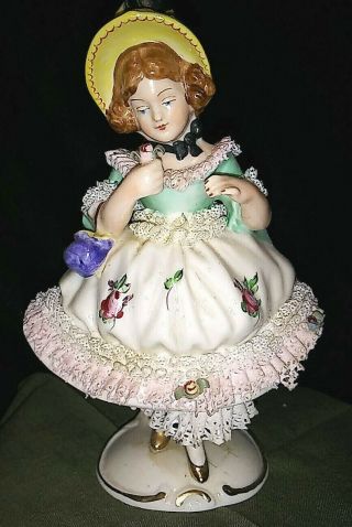 Antique Dresden Lace Porcelain Girl Figurine Small 5 1/2 " Pink Roses Germany