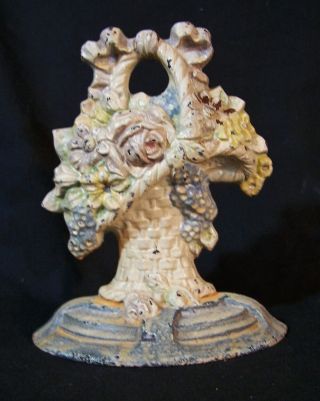 Antique Cold Painted Cast Iron Door Stop French Basket Flowers National Foundry
