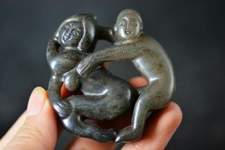 Chinese Old Jade Carved Sexy Men&women People Art Statue/pendant H99