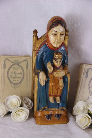 Spanish Vtg Wood Carved Polychrome Madonna Seating Religious Statue