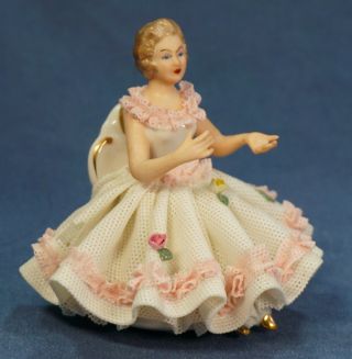 Antique Porcelain Lace Figurine Lady Sitting,  Dresden,  Crown Over N,  Germany