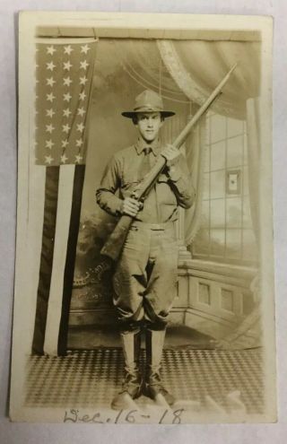 Ww1 Rppc Soldier Posed In Front Of Flag With 45/70 Trapdoor Rifle