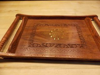 India Hand Carved Fine Wooden Serving Tray With Brass Inlay