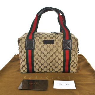 H1 Gucci Authentic Sherry Webbing Travel Bag Hand Tote Boston Vintage Gg Leather