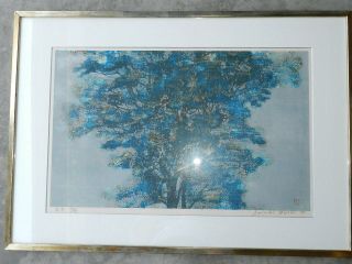 vintage Joichi Hoshi Woodblock Print Blue Tree 1973 Japanese Artist Art 12/88 3