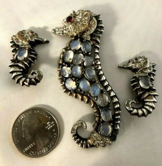 Rare Reja Sterling Silver & Faux Moonstone Figural Sea Horse Brooch & Earrings