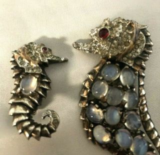 RARE REJA Sterling Silver & Faux Moonstone Figural Sea Horse Brooch & Earrings 2