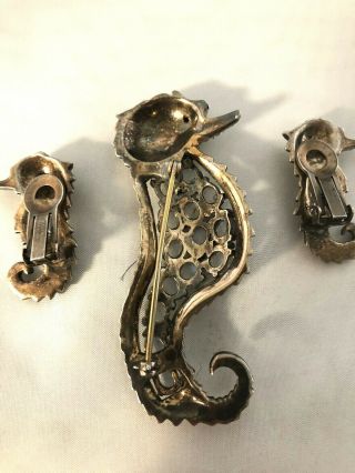 RARE REJA Sterling Silver & Faux Moonstone Figural Sea Horse Brooch & Earrings 5