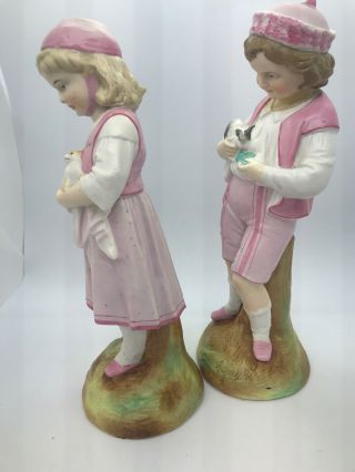Antique German Bisque Figurine of Boy & Girl Holding Cat And Rabbit 10” Inches 6