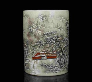 China Old Collectible Hand - Painting Snow - Covered Landscape Porcelain Brush Pot