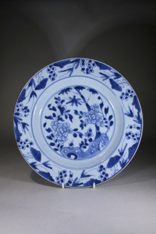 Antique Chinese Porcelain Blue & White Dinner Plate Peony Bamboo & Rocks 1780s