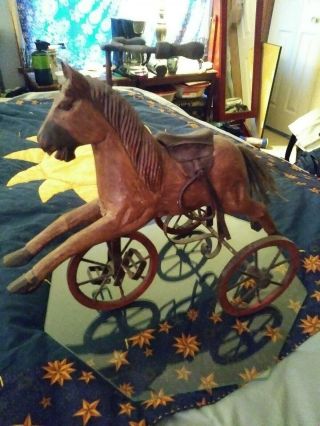 Vintage Hand Carved Painted Wooden Horse Tricycle Toy
