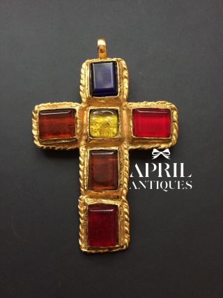 Vintage French Christian Lacroix Multicoloured Glass Cross Brooch Pendant