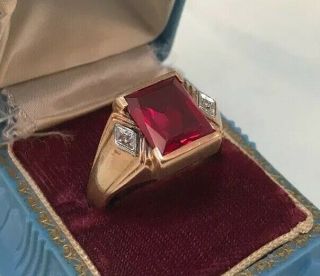 Vintage Art Deco 10k Gold Mens Ring Sz 14 8 Grams Ruby & Diamonds