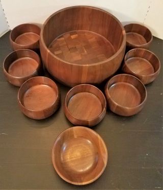 Vtg Lebanon Heirloom Quality Walnut Salad Bowl 9 Pc Set 1510 Fine Wooden Ware