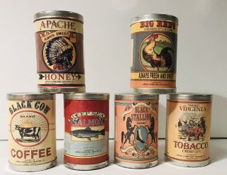 Vtg Mini Tin Cans Advertising Grocery Store Toy Coffee Salmon Stallion Of 6