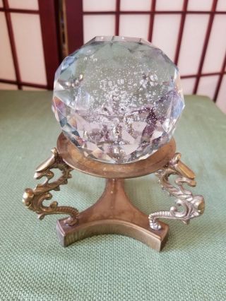 Vintage Brass Dragon Stand With Crystal Controlled Bubble Ball Diamond Cut Glass