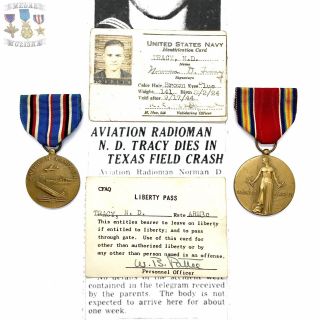 Wwii Killed Bomber Crash American Campaign Victory Medal I.  D.  Norman D Tracy Ww2