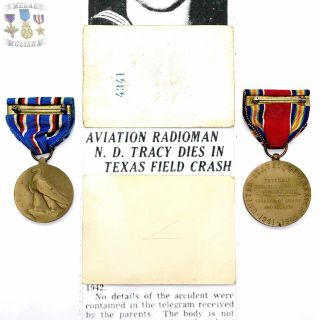 WWII KILLED BOMBER CRASH AMERICAN CAMPAIGN VICTORY MEDAL I.  D.  NORMAN D TRACY WW2 3