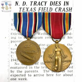 WWII KILLED BOMBER CRASH AMERICAN CAMPAIGN VICTORY MEDAL I.  D.  NORMAN D TRACY WW2 4