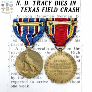 WWII KILLED BOMBER CRASH AMERICAN CAMPAIGN VICTORY MEDAL I.  D.  NORMAN D TRACY WW2 5