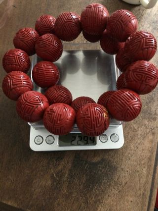 Fine Vtg Chinese Carved Red Cinnabar Bead Long Beaded Necklace 13” L 28” Round