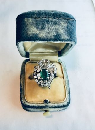 30’s 40’s Vintage Art Deco Antique Emerald & Diamond Filigree Palladium Ring