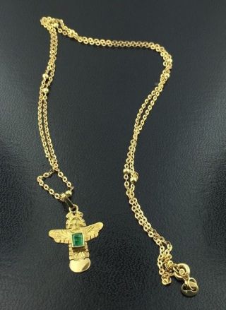Vintage 18k Yellow Gold Aztec Symbol With Emerald 24 " Necklace